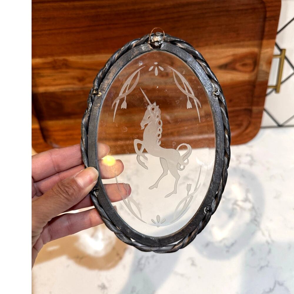 vintage etched glass metal-framed unicorn suncatcher 70s 80s whimsical magical